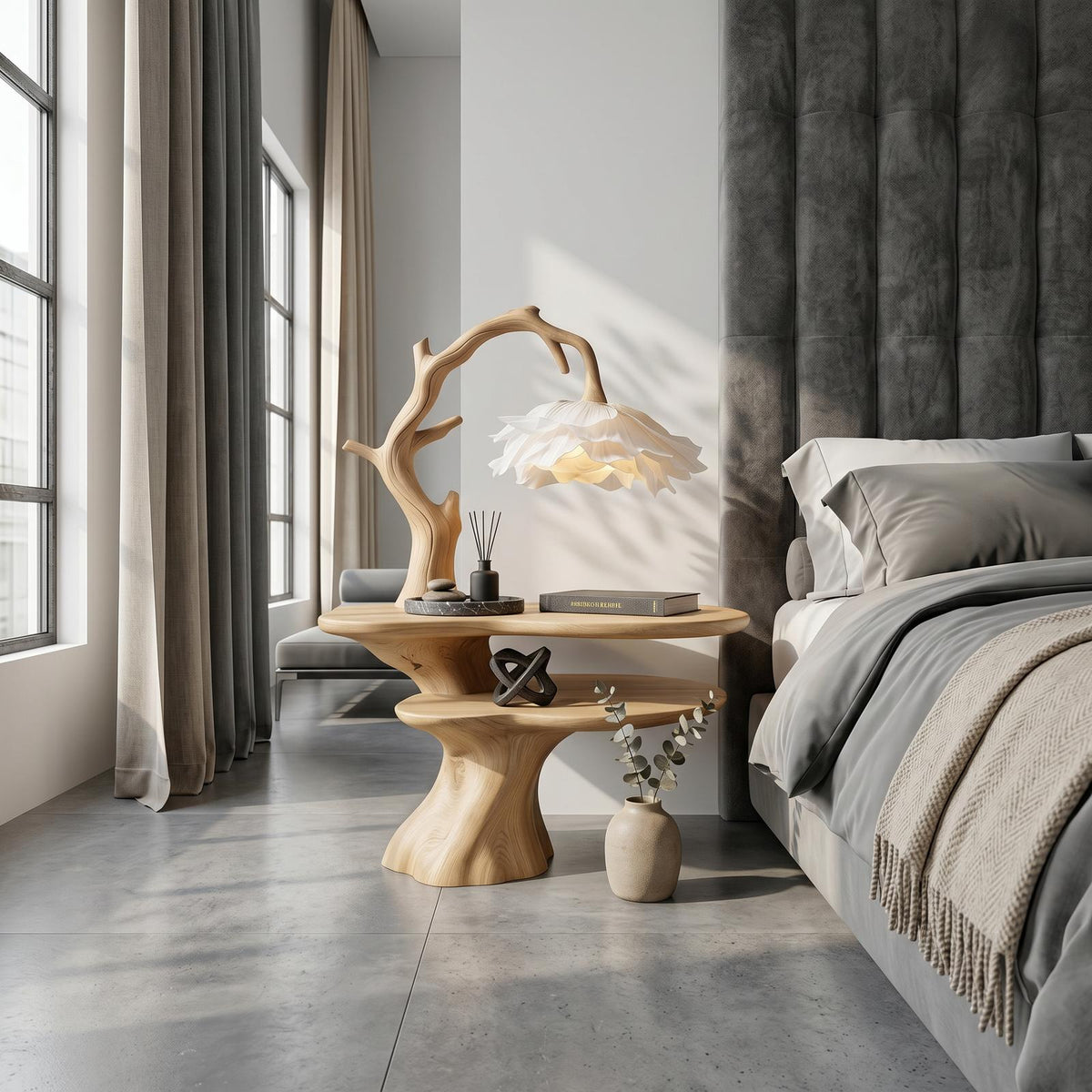Natural Bedside Table with Floral Lamp, Handcrafted Tree Branch Solid Wood Nightstand for Guest Room