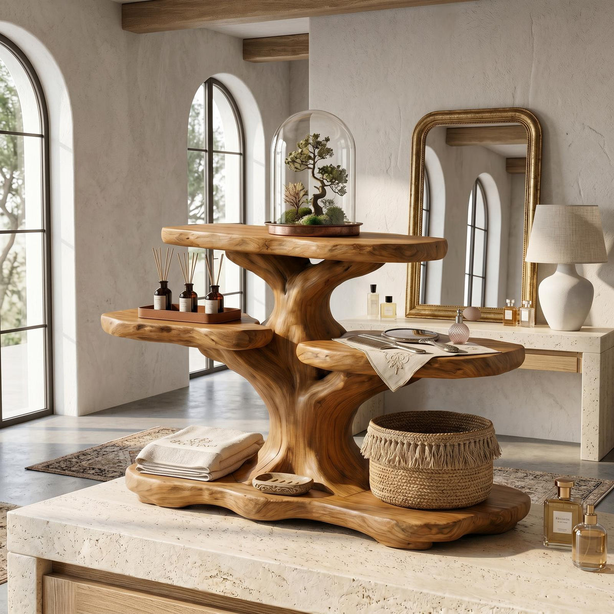 Contemporary Tree Bathroom Organizer with Floating Wood Shelves, Decorative Wall Storage