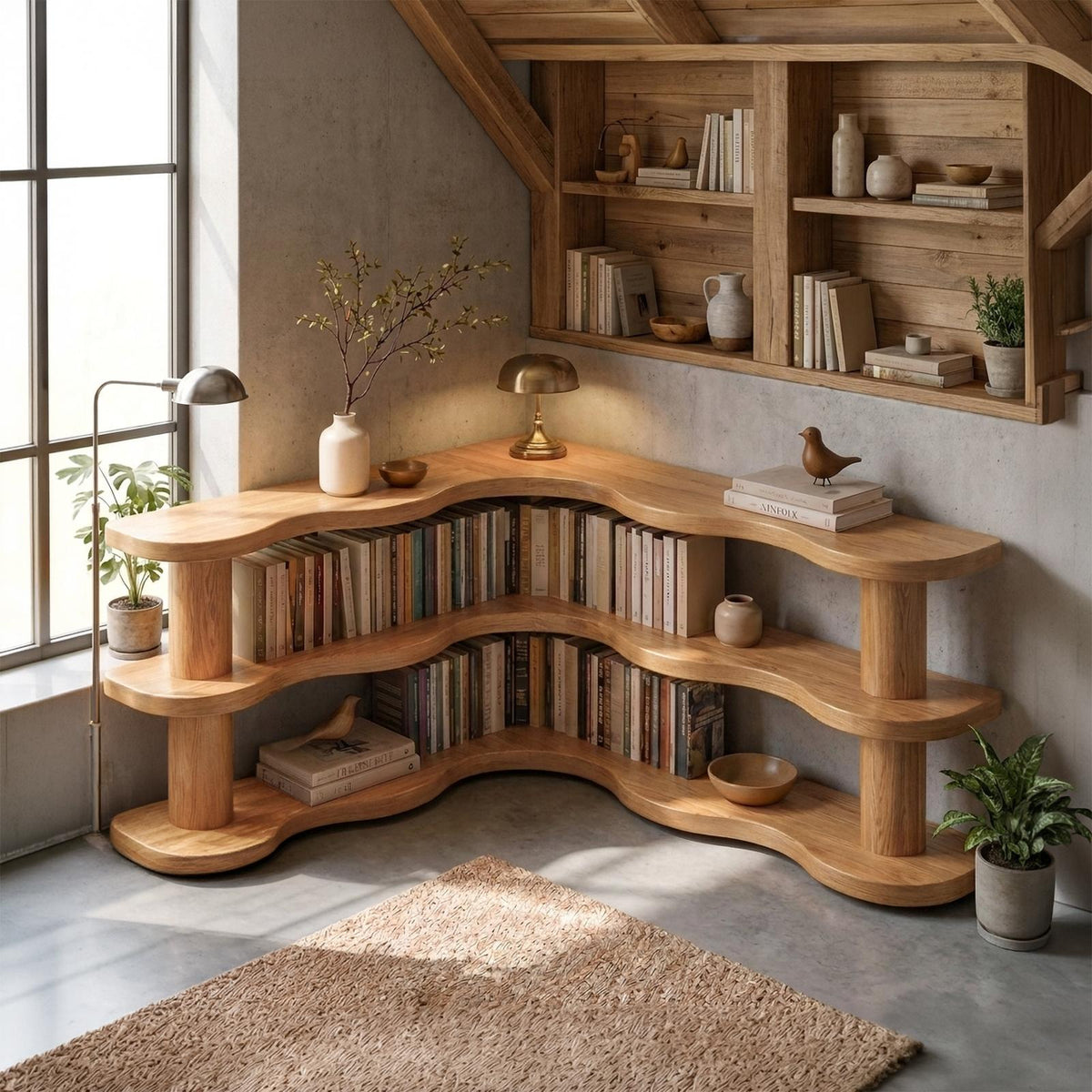 Rustic Modern Corner Bookshelf, Multi-Tier Solid Wood Bookcase Display for Living Room & Bedroom