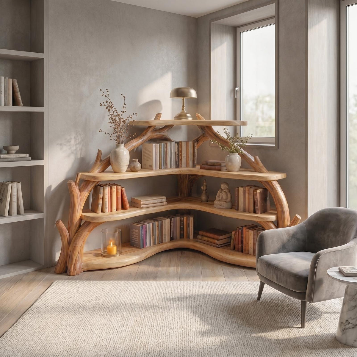 Spry Interior Sculptural Corner Bookcase with Natural Wood Branch Design, Unique Bookshelf Display for Living Room, SINLSABS015