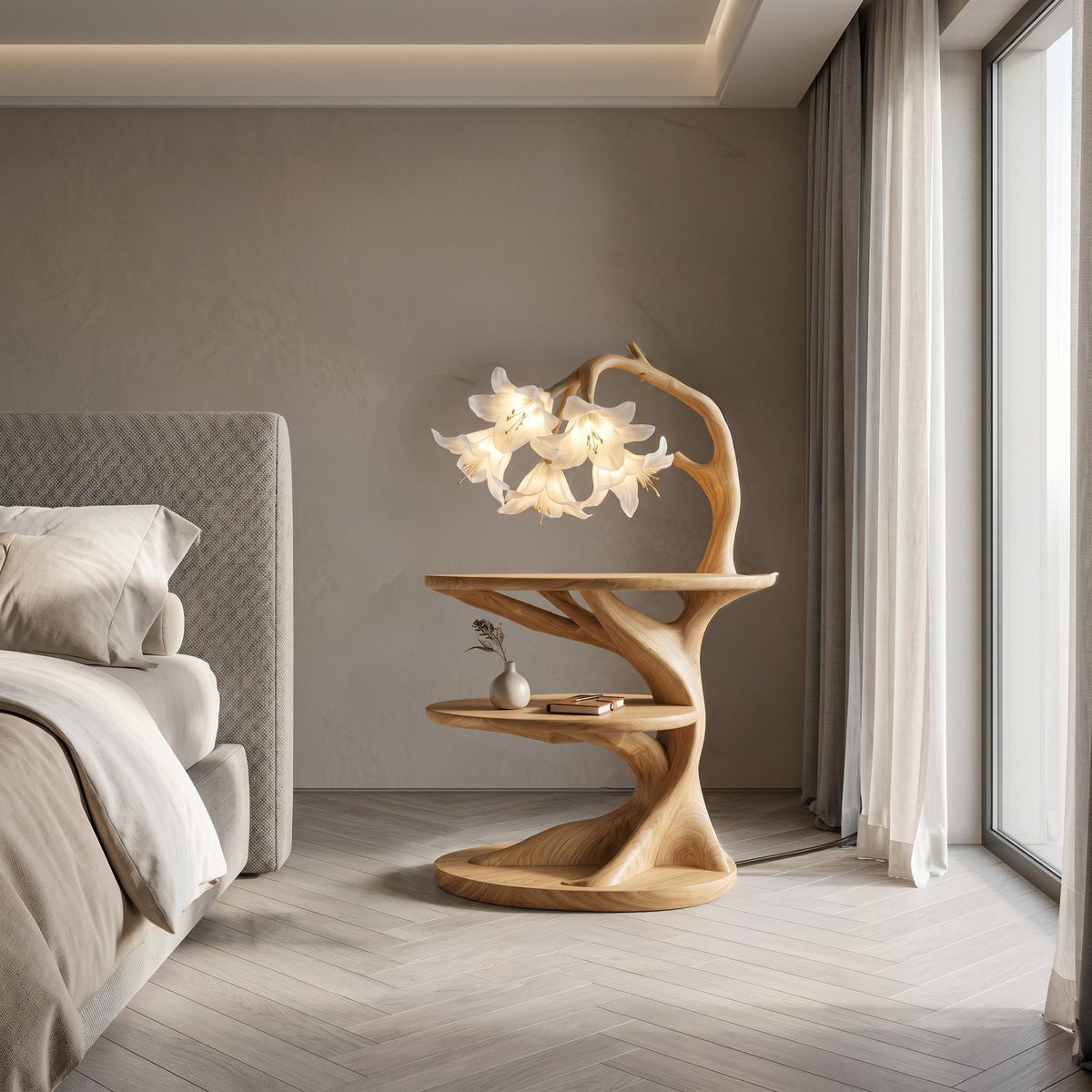 Rustic Side Table with Flower Shade Lamp, Handcrafted Solid Wood End Table & Bedside Nightstand