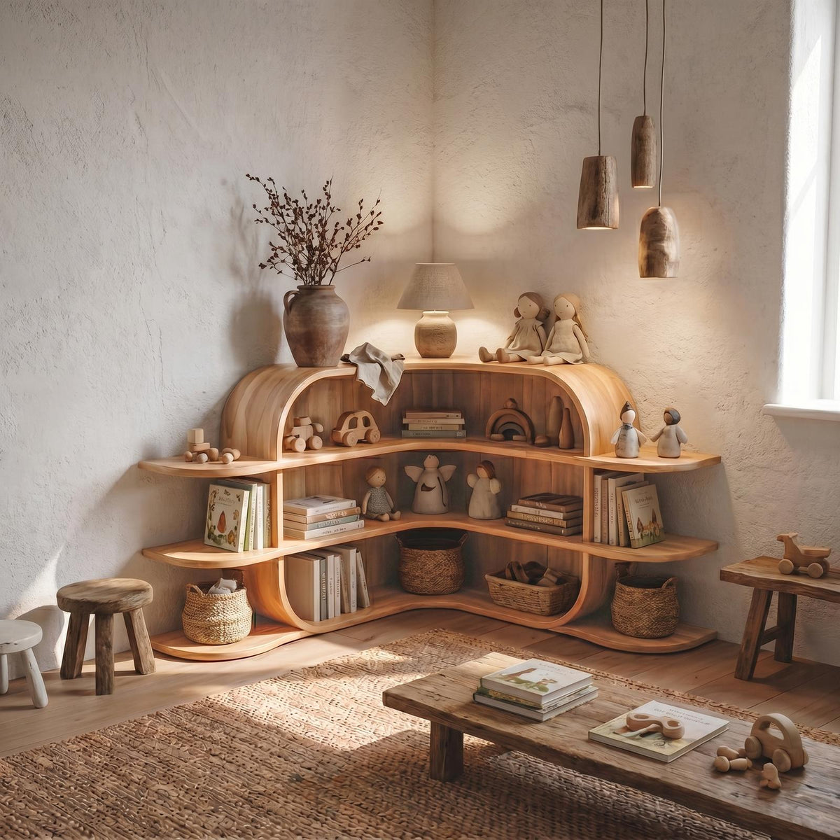 Scandinavian Arched Corner Bookshelf, Multi-Tier Wooden Bookcase Display for Living Room & Bedroom