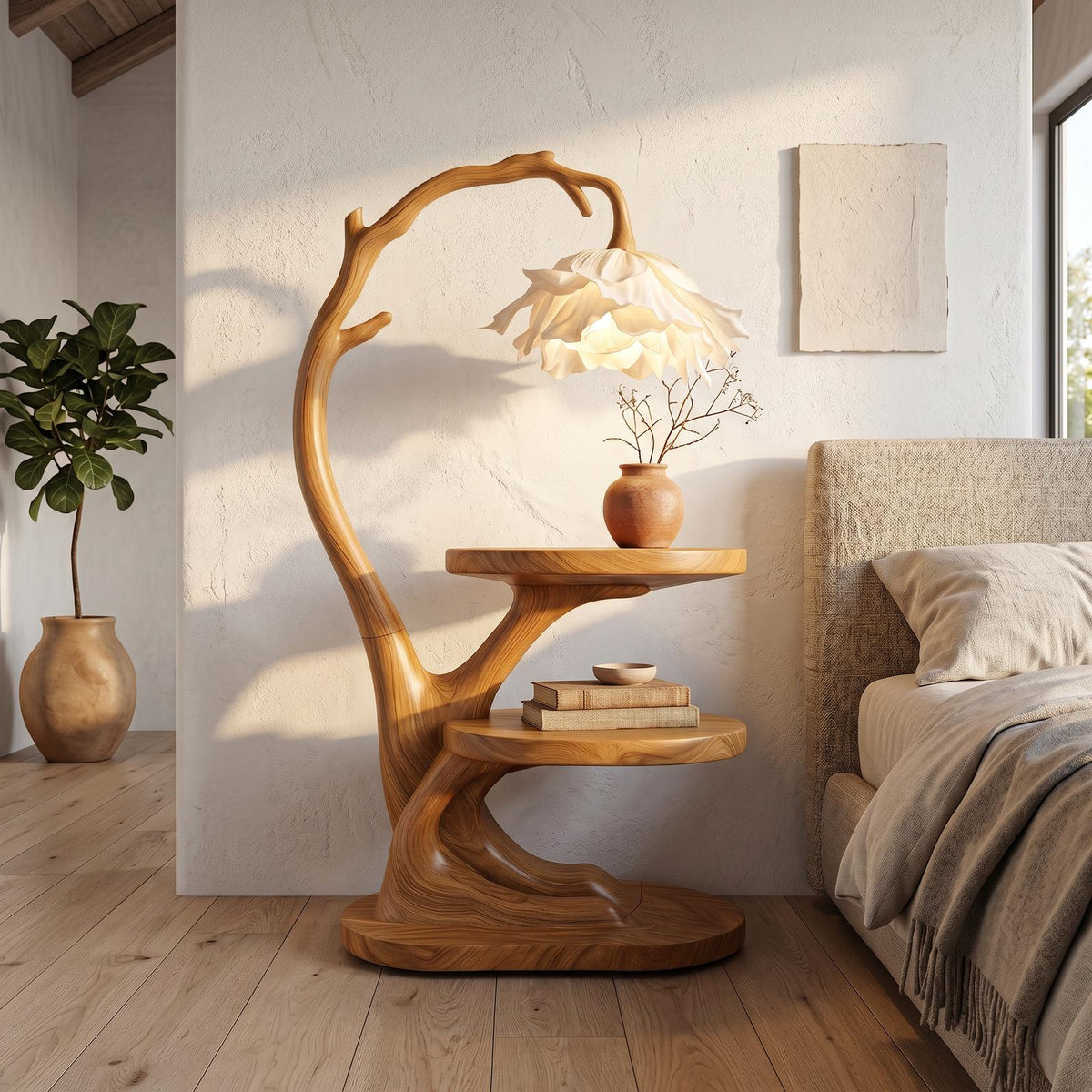 Organic Bedside Table with Sculptural Flower Lamp, Solid Wood Nightstand & Side Table for Bedroom