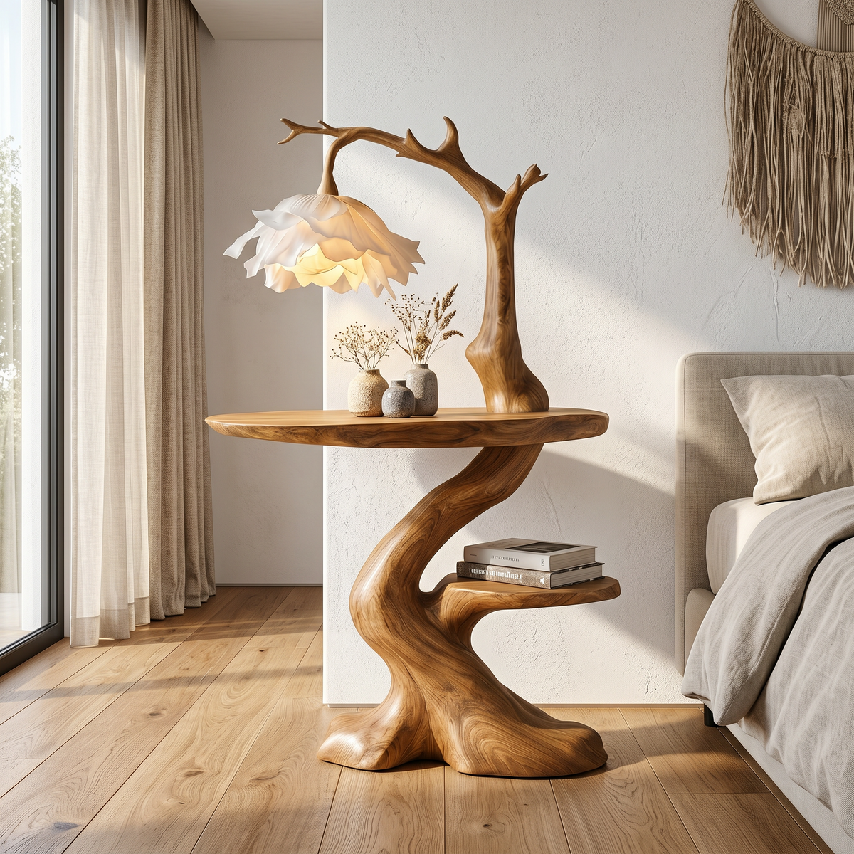 Spry Interior Modern End Table with Tree Branch Lamp, Handcrafted Solid Wood Side Table & Bedside Nightstand for Bedroom, SINLSABT274