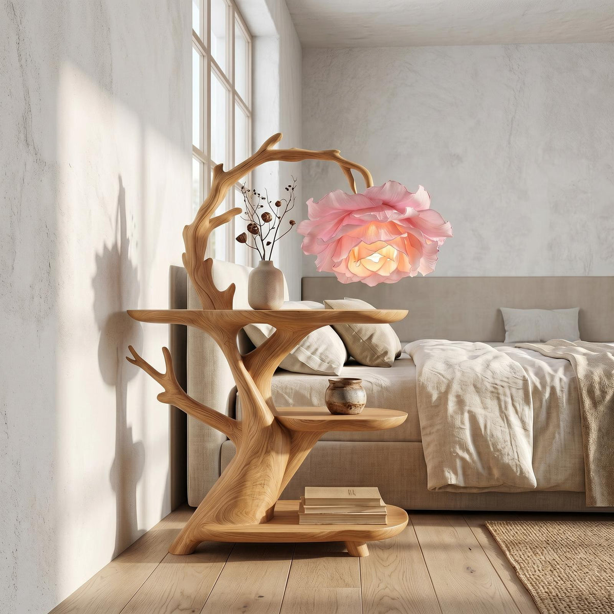 Contemporary Side Table with Floral Accent Lamp, Handcrafted Solid Wood Bedside Nightstand for Bedroom