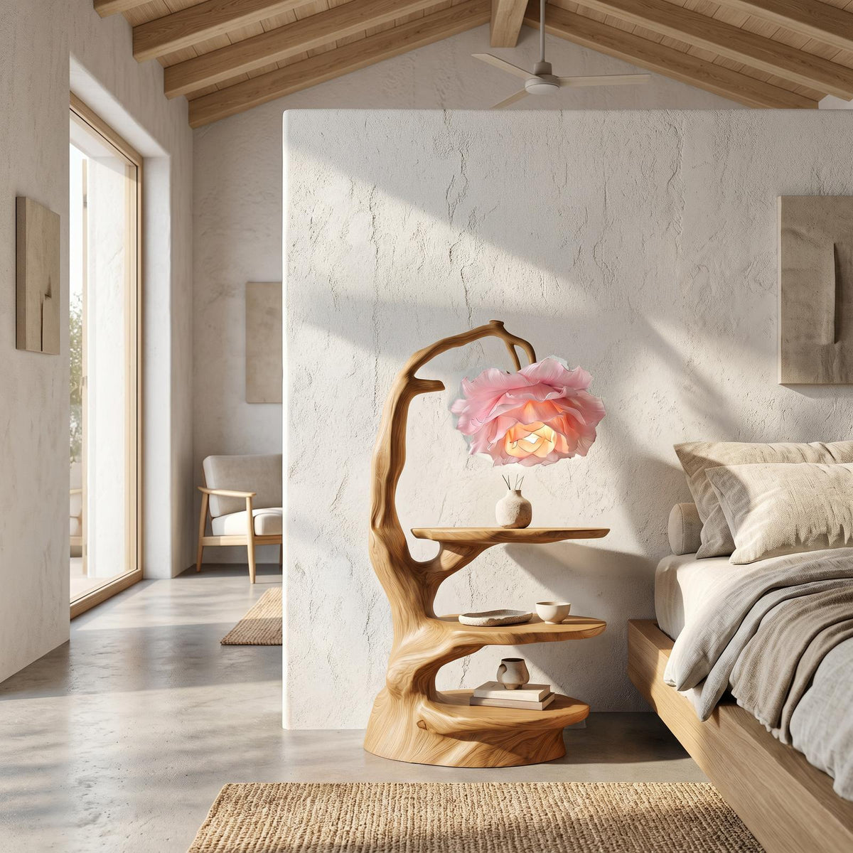 Natural End Table with Tree Branch Base & Integrated Flower Lamp, Solid Wood Bedside Table Nightstand