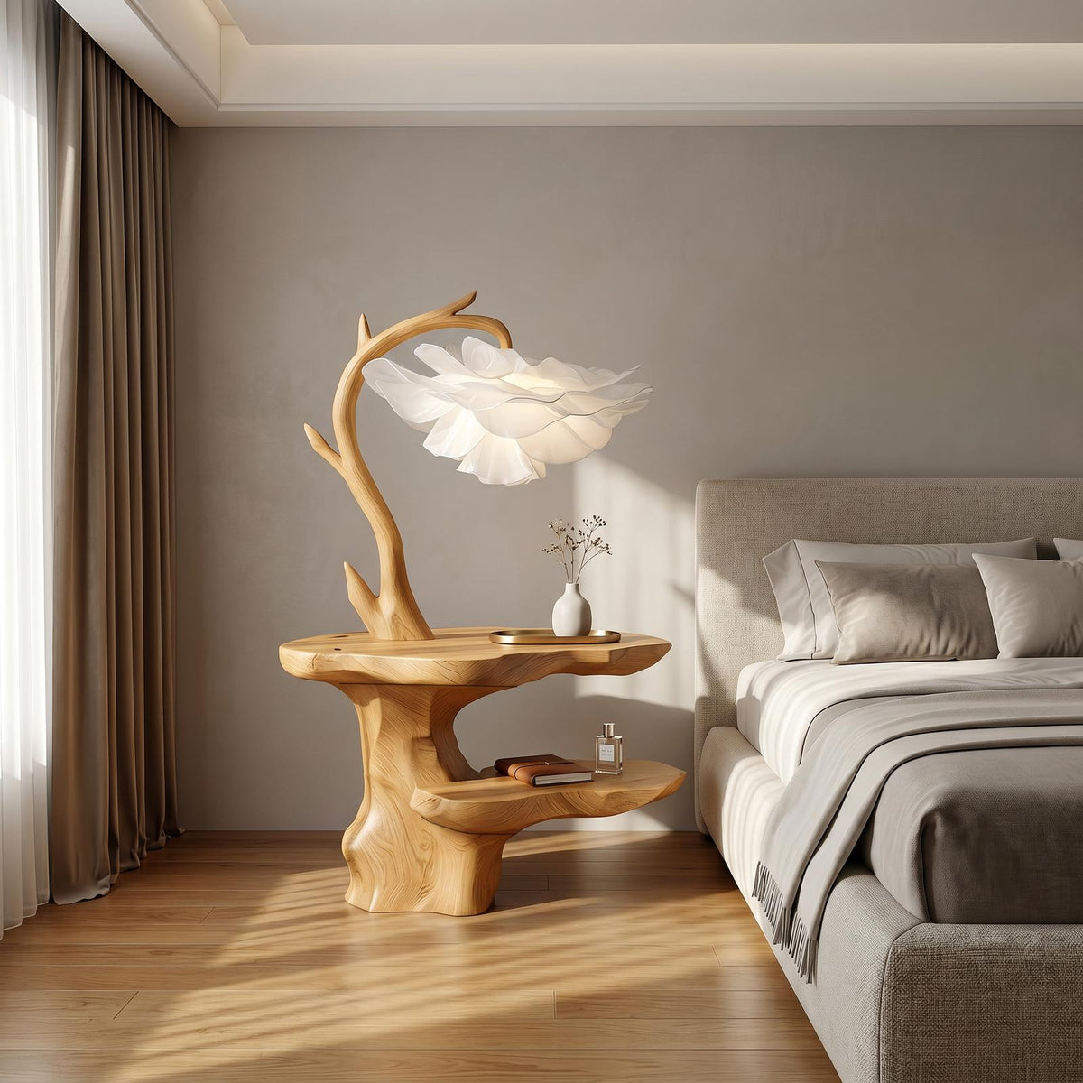 Organic End Table with Flower Lamp, Tree Branch Solid Wood Bedside Table & Accent Nightstand