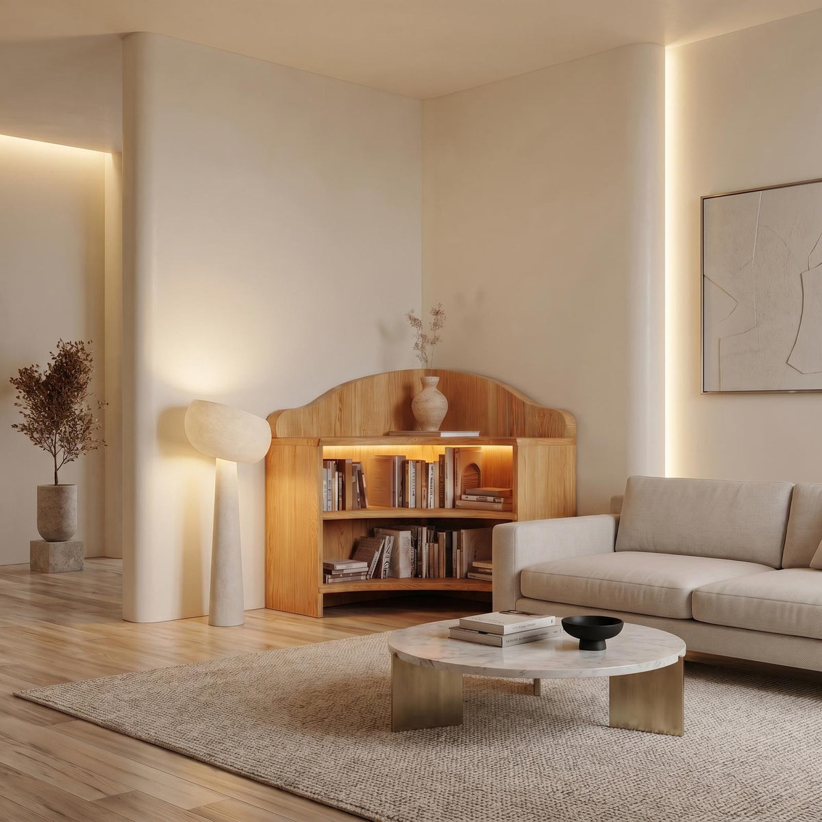 Minimalist Corner Bookshelf, Clean Solid Wood Open Display Shelves for Contemporary Living Room