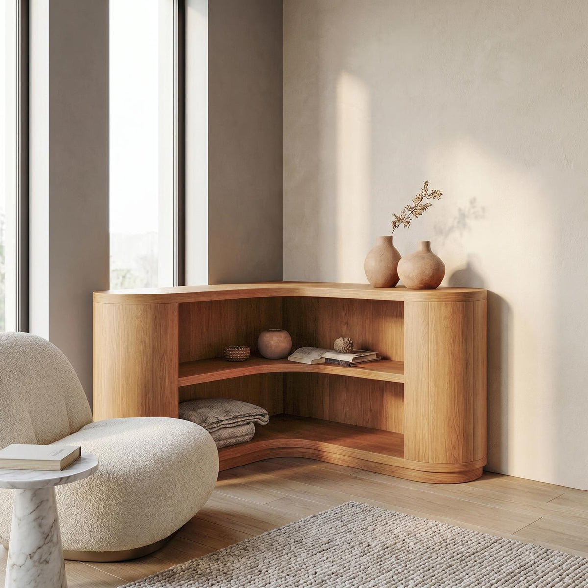 Scandinavian Corner Bookshelf, Minimalist Solid Wood Open Storage Shelves for Modern Living Room