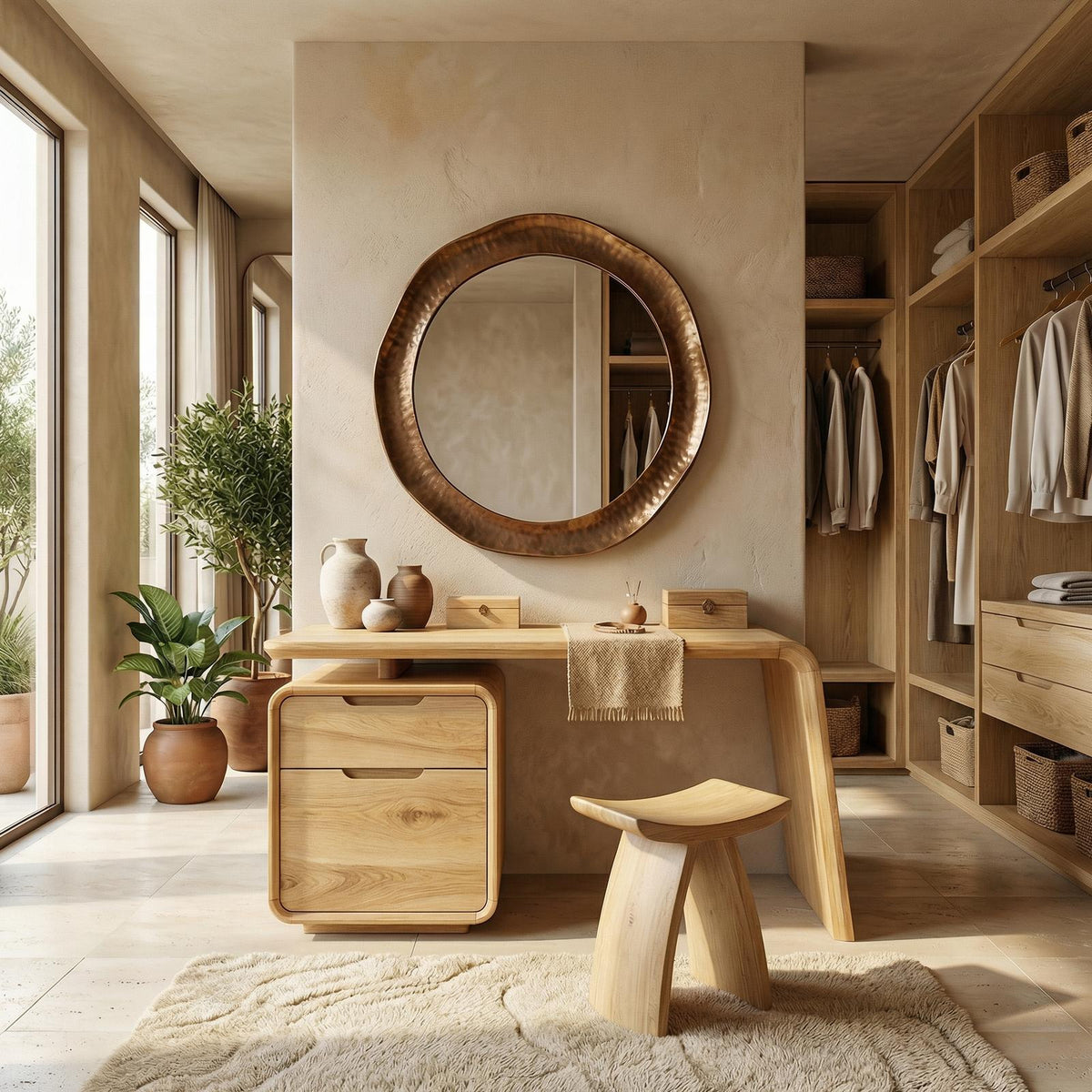 Spry Interior Modern Minimalist Dressing Table with Storage, Solid Wood Sculptural Makeup Vanity Desk for Bedroom Decor, SINLSABDT052