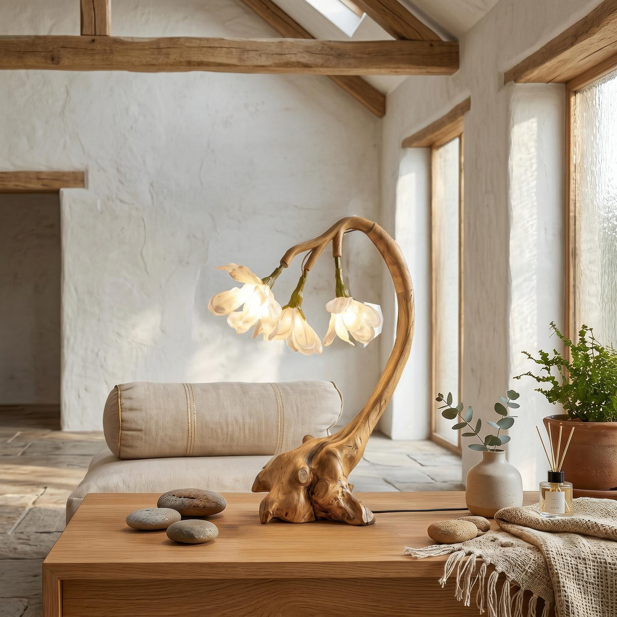 Organic Flower Table Lamp, Sculptural Solid Wood Base Bedside Reading Light for Living Room & Bedroom