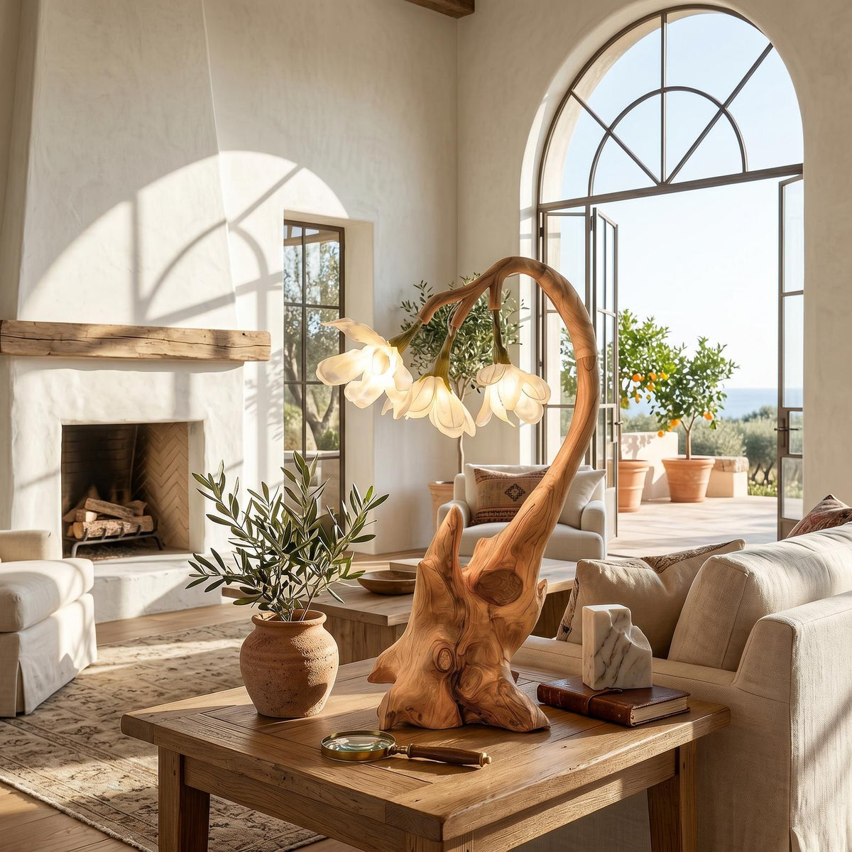 Modern Floral Table Lamp With Sculptural Wood Base For Living Room