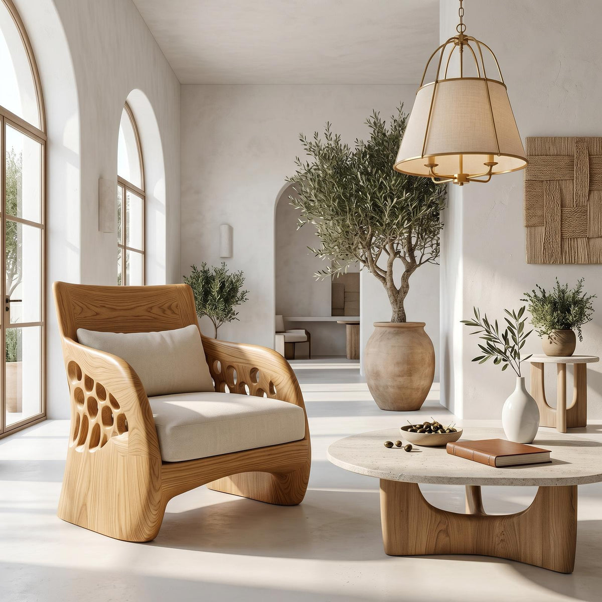Contemporary Organic Wooden Accent Chair, Sculptural Lounge Armchair for Living Room