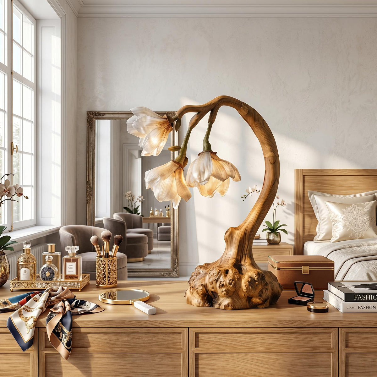 Minimalist Floral Table Lamp, Organic Solid Wood Base Bedside Accent Light for Living Room and Bedroom