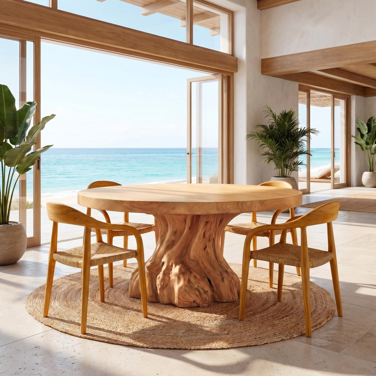 Rustic Tree Root Round Dining Table, Solid Wood Natural Slab Kitchen Table for Home Dining Room