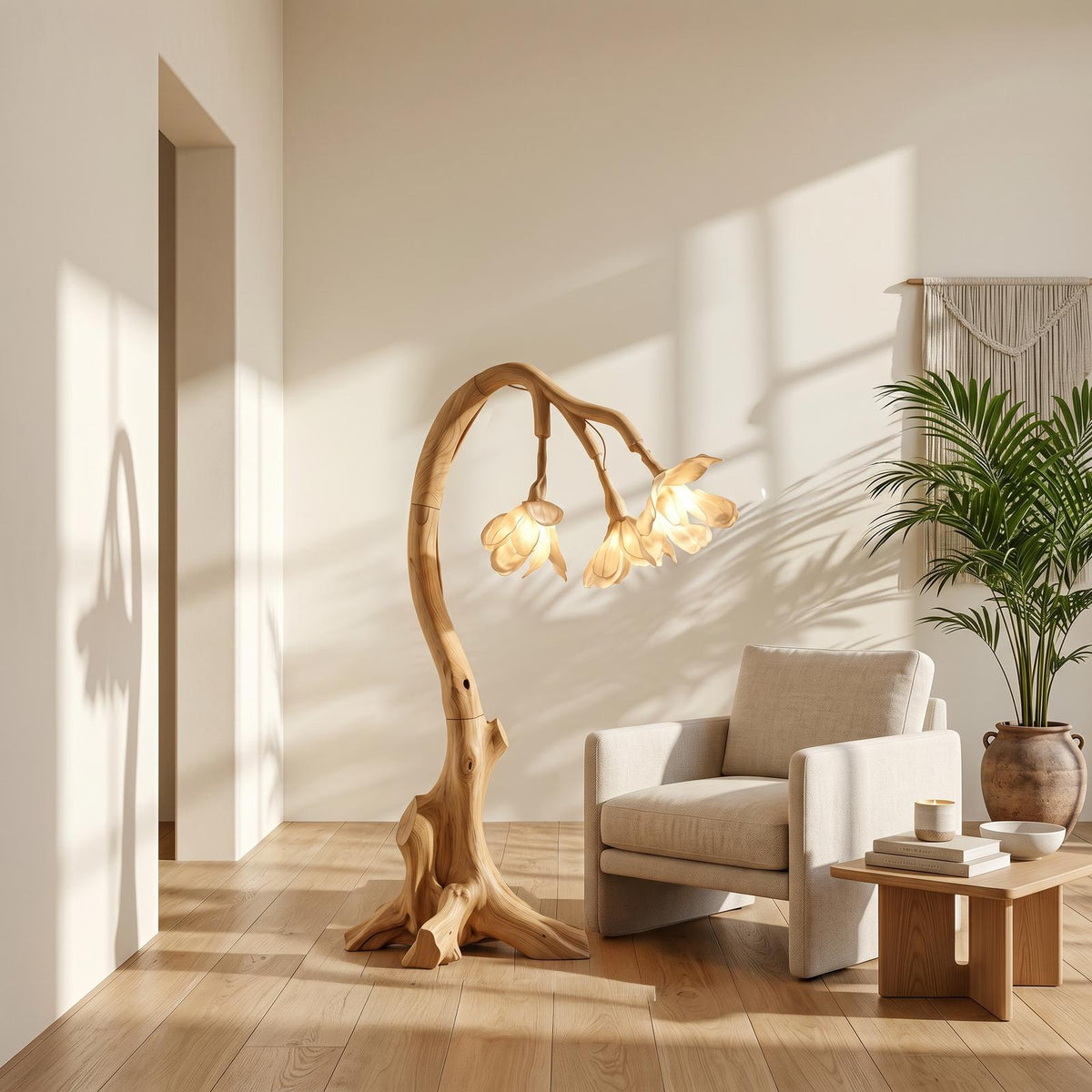 Organic Modern Floral Floor Lamp, Nature-Inspired Wooden Flower Leaf Standing Light for Bedroom, Model
