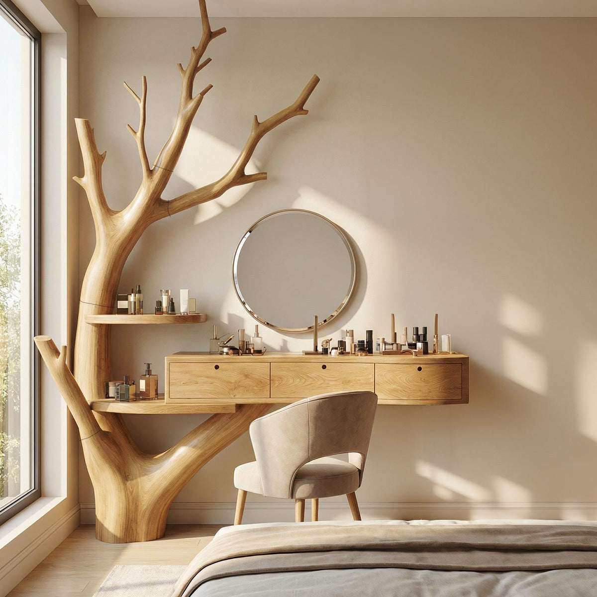 Spry Interior Minimalist Floating Dressing Table with Drawers, Solid Wood Tree Base Makeup Vanity Desk for Bedroom, SINLSABDT070