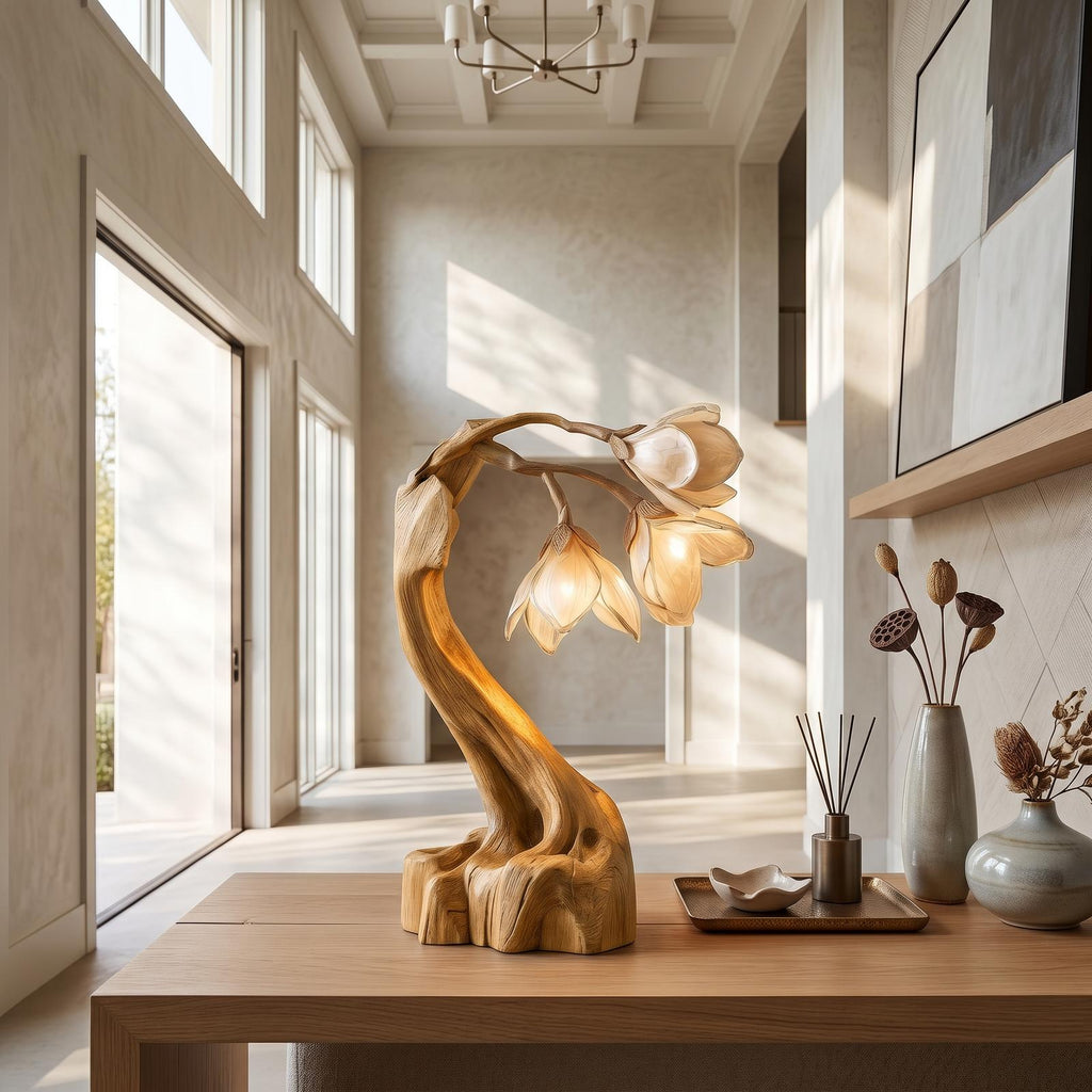 Organic Floral Table Lamp, Handcrafted Sculptural Solid Wood Base Accent Light for Bedroom & Living Room Nightstand