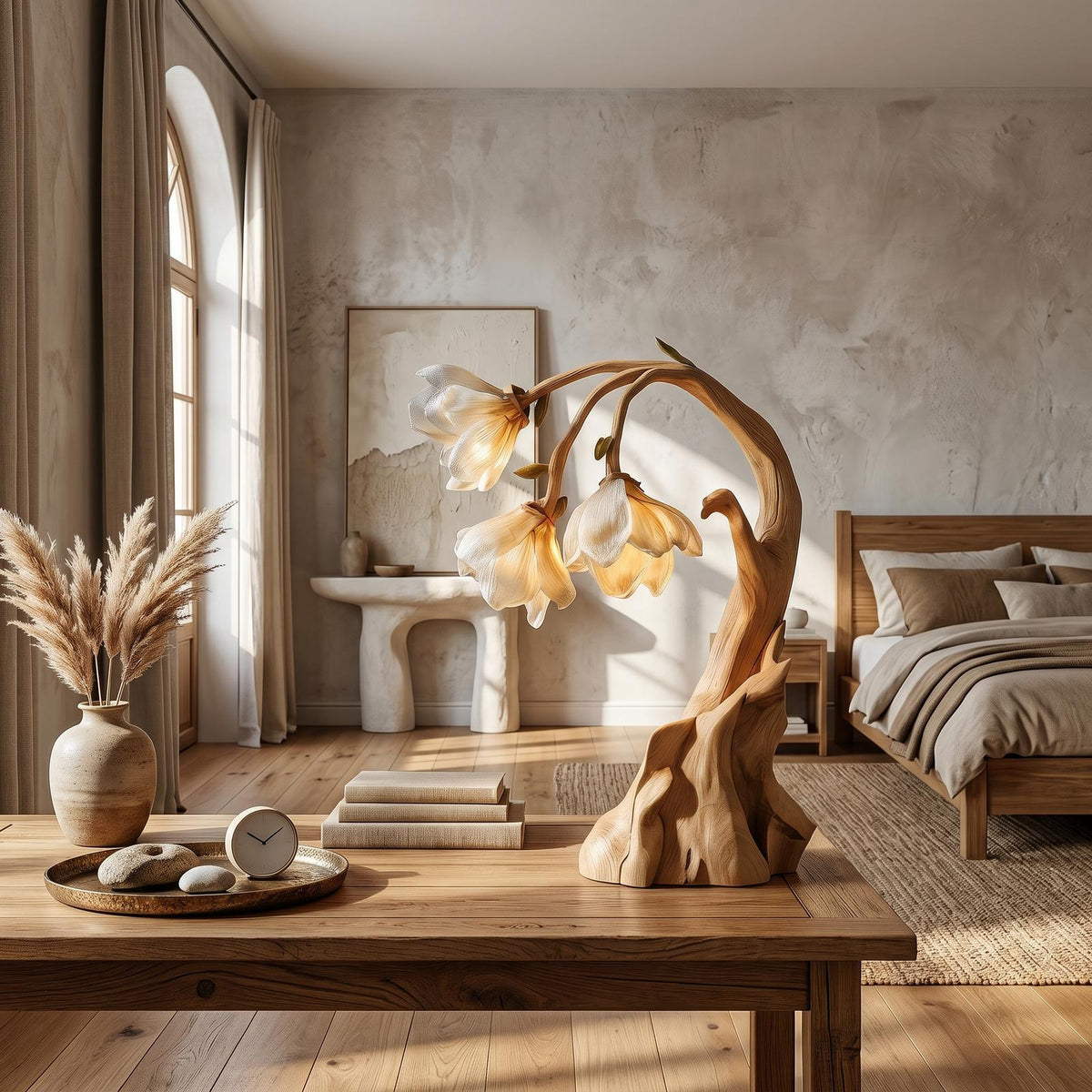 Contemporary Floral Table Lamp with Sculptural Solid Wood Base, Modern Bedside Desk Nightstand Lamp for Bedroom