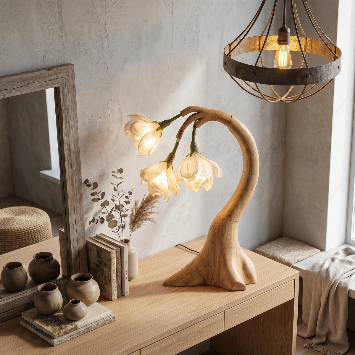 Modern Floral Table Lamp with Sculptural Curved Wood Base, Elegant Bedside Desk Nightstand Reading Light