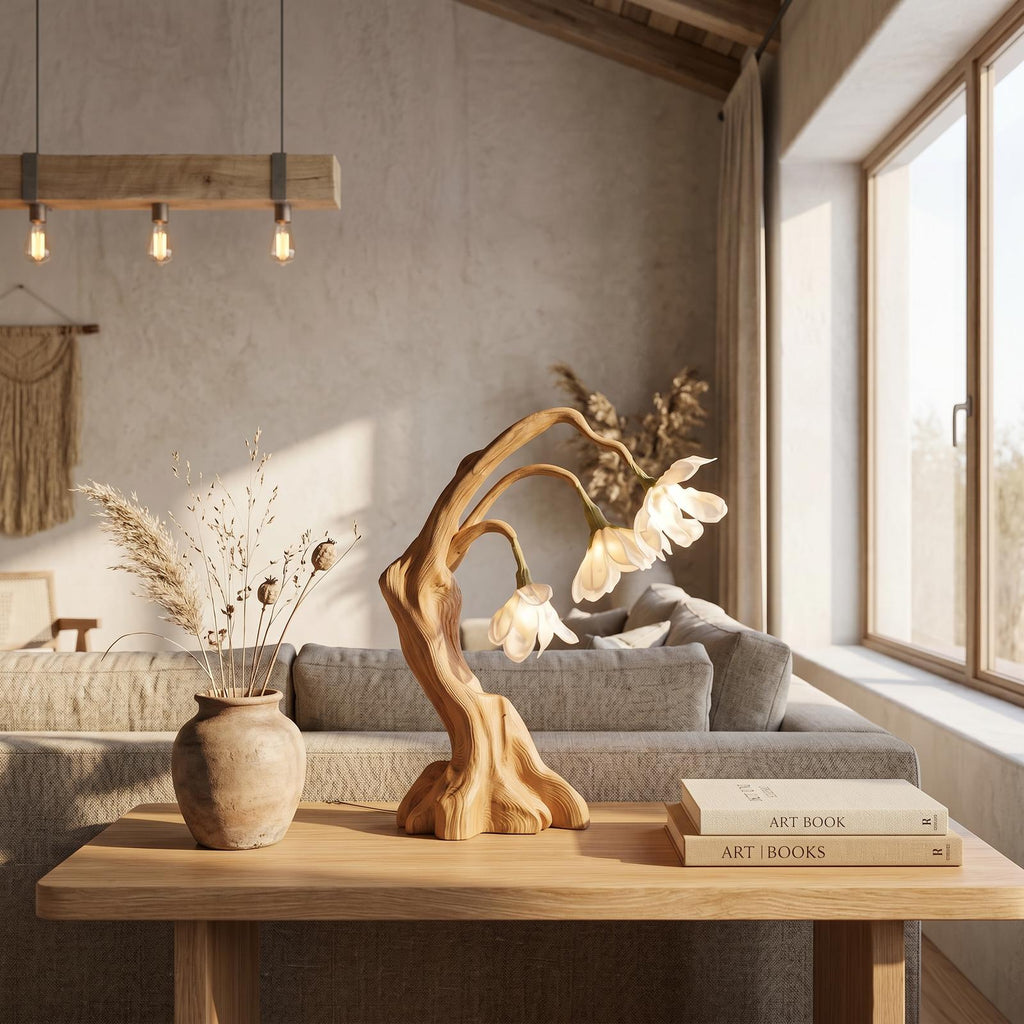 Modern Floral Table Lamp with Sculptural Driftwood Base, Handcrafted Wood Bedside Desk Nightstand Night Light