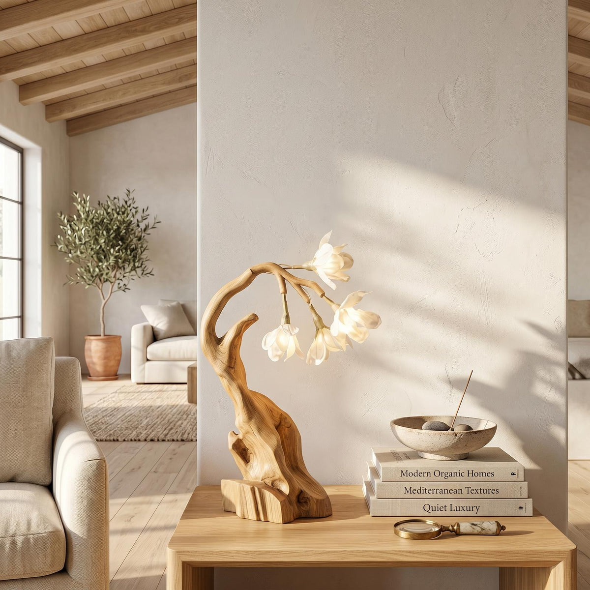 Luxury Floral Table Lamp with Sculptural Driftwood Base, Handcrafted Wooden Bedside Desk Light for Bedroom