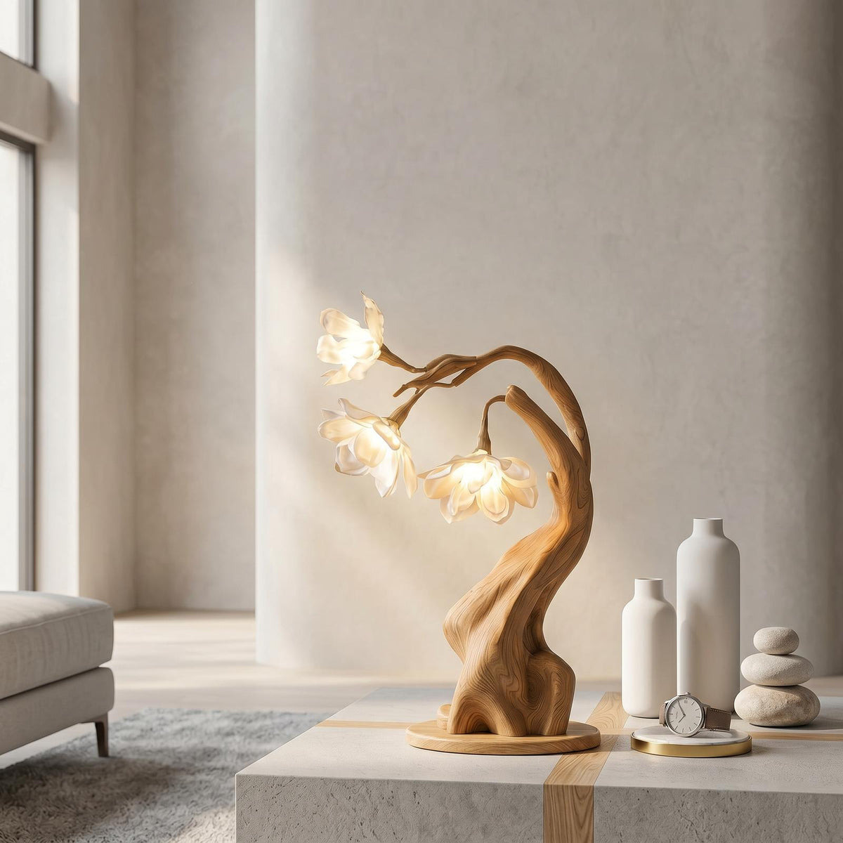 Contemporary Floral Table Lamp with Twisted Solid Wood Base, Elegant Bedside Desk Nightstand Light For Living Room