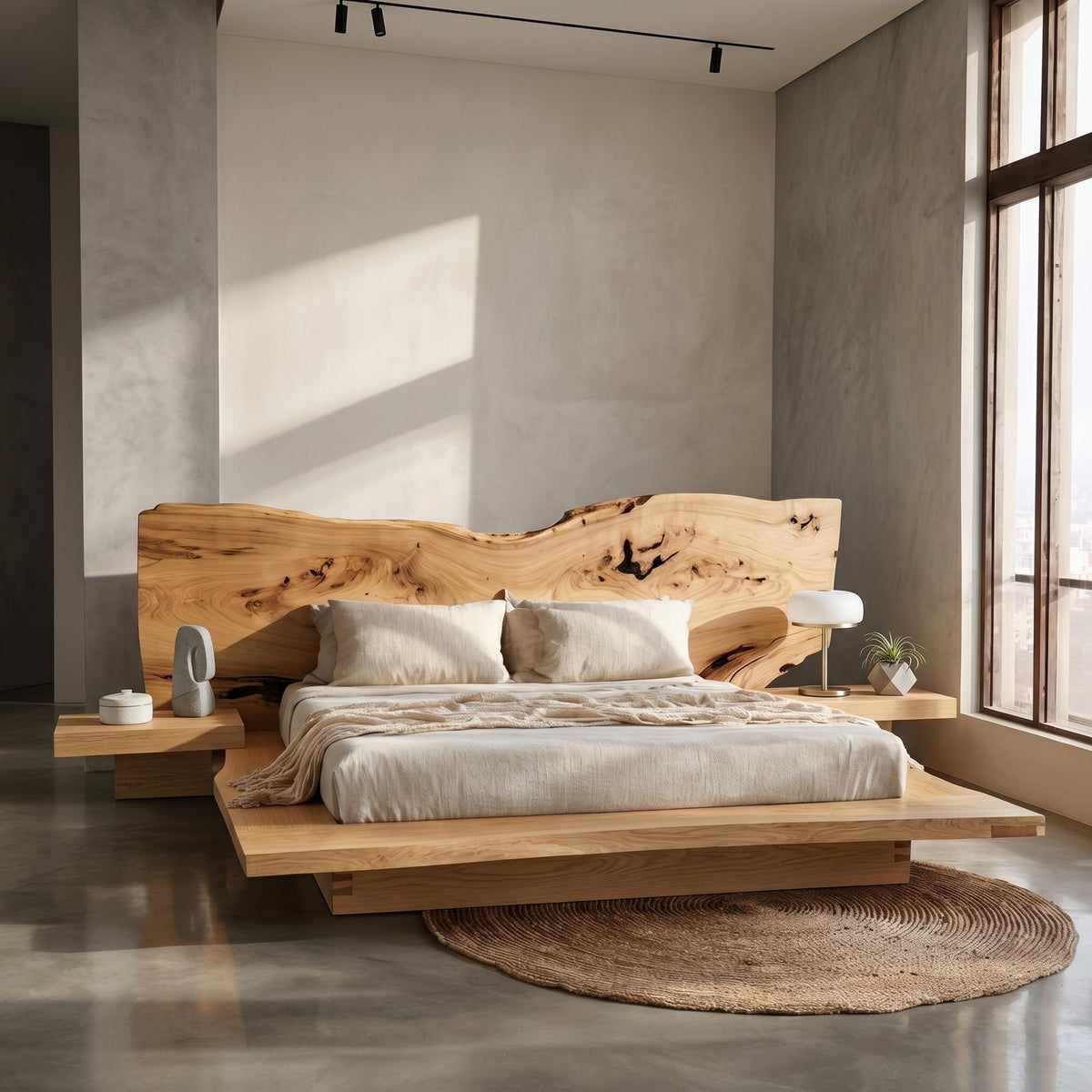Spry Interior Rustic Live Edge Bed Frame with Handcrafted Sculptural Headboard, Solid Wood Platform Bed for Bedroom, SINLSAWB124