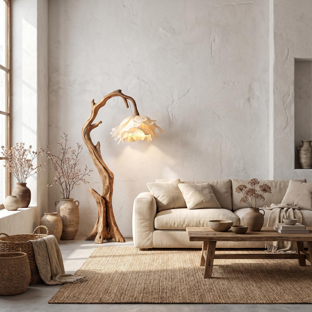 Nature Inspired Flower Floor Lamp with Solid Wood Base, Floral Shade Standing Light for Living Room, Model