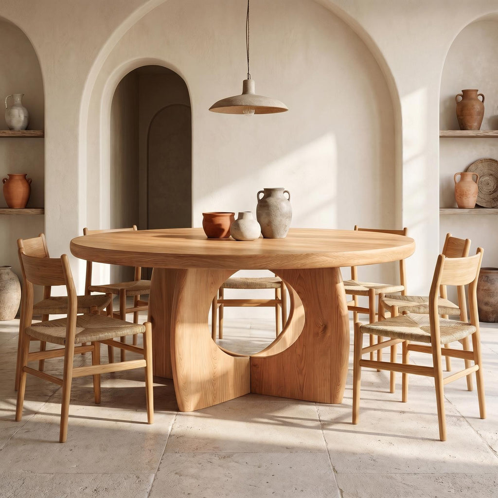 Organic Round Dining Table with Cutout Base, Handcrafted Solid Wood Kitchen Dining Room Table