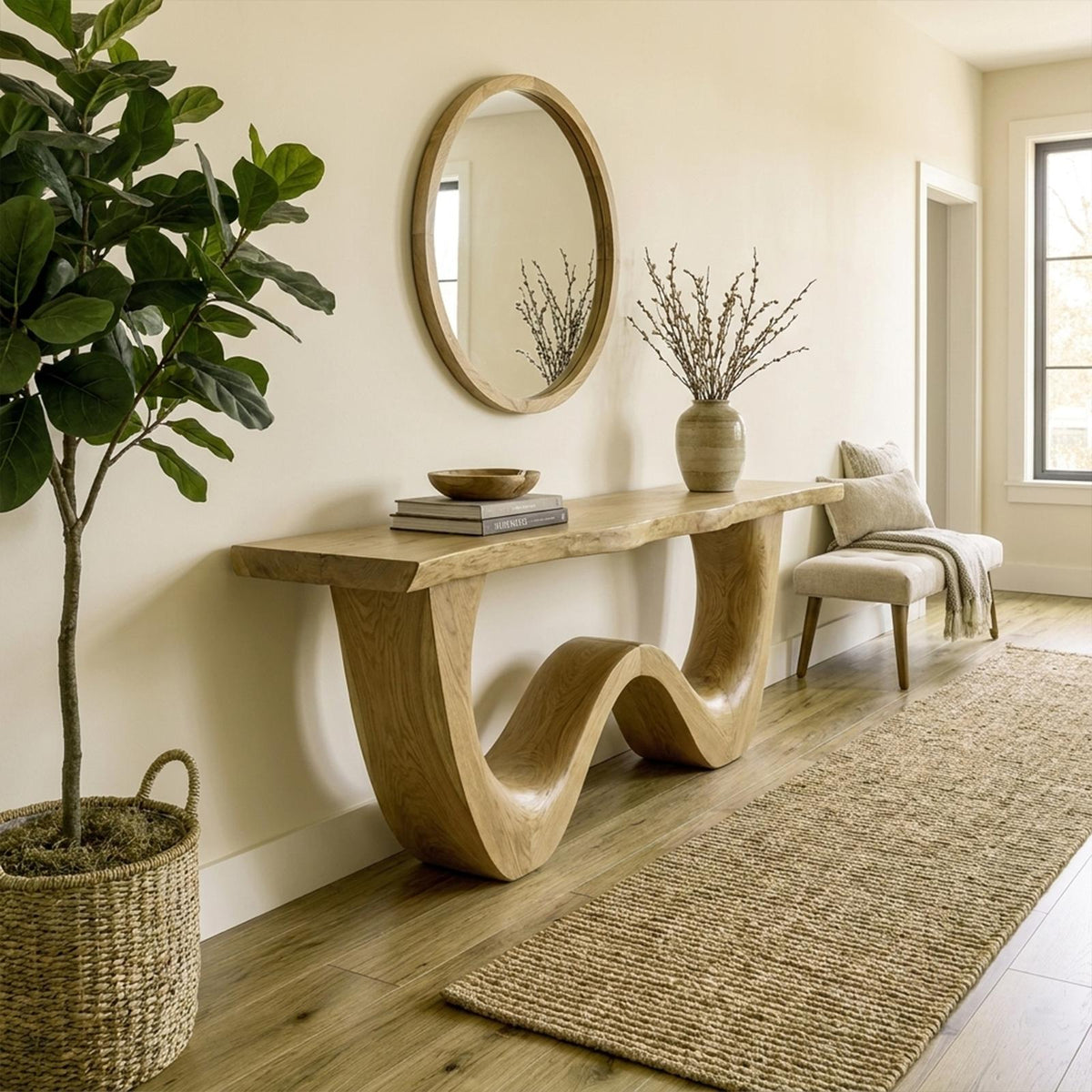 Organic Wave Base Wood Console Table, Sculptural Entryway, Hallway & Sofa Back Table