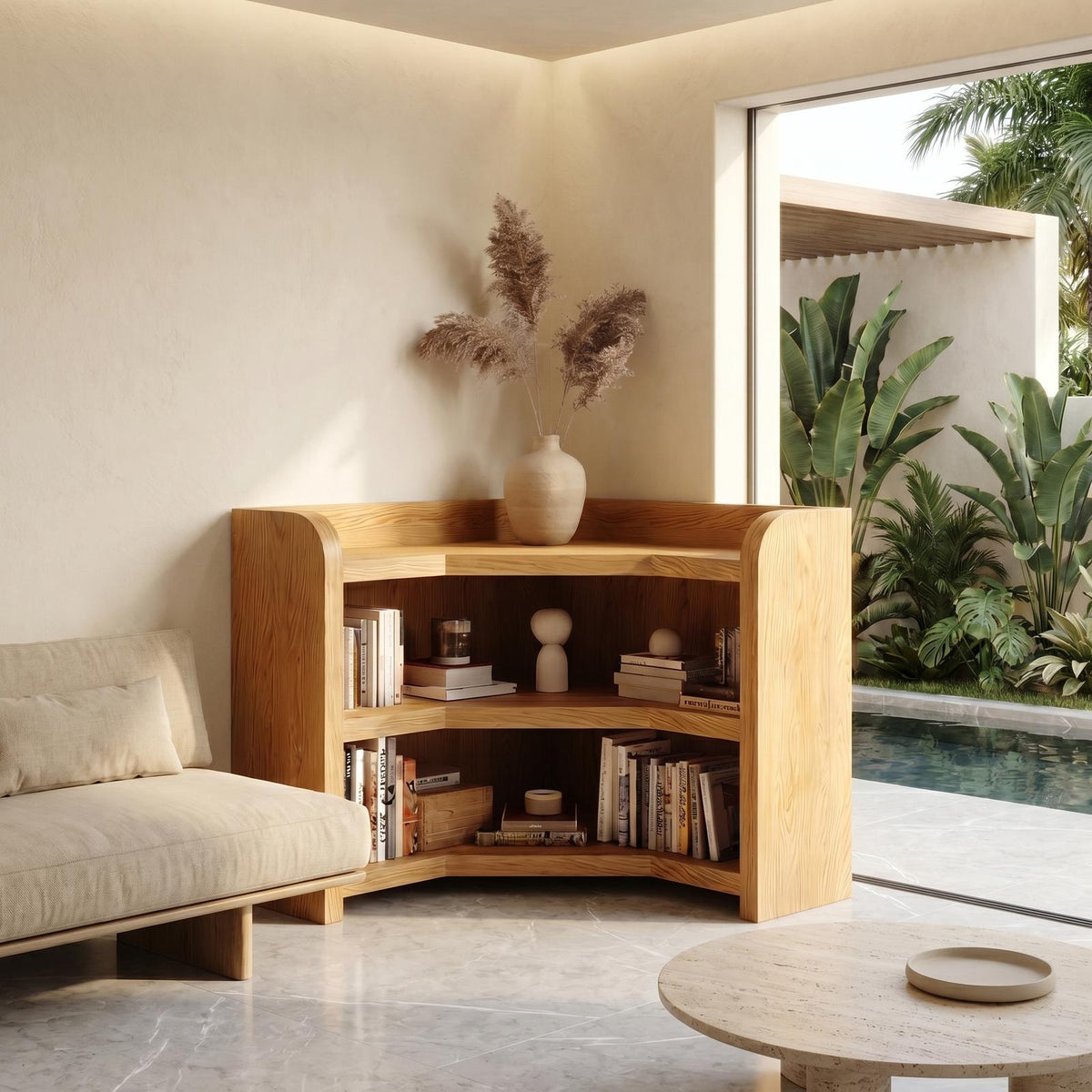 Natural Wooden Bookshelf with Rounded Edges, Open Solid Wood Shelving Display for Living Room & Bedroom