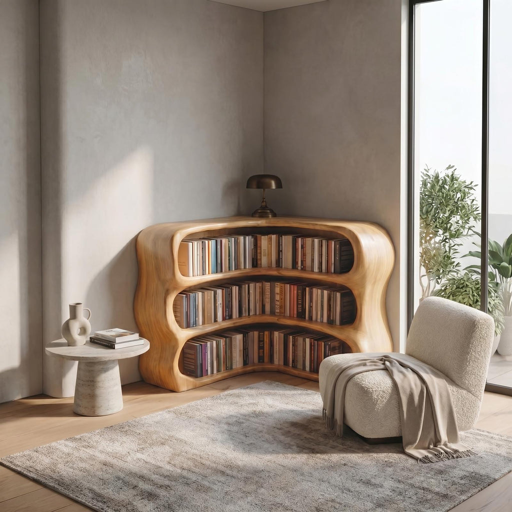 Modern Curved Bookshelf, Sculptural Wooden Open Shelf Bookcase Display for Living Room & Bedroom