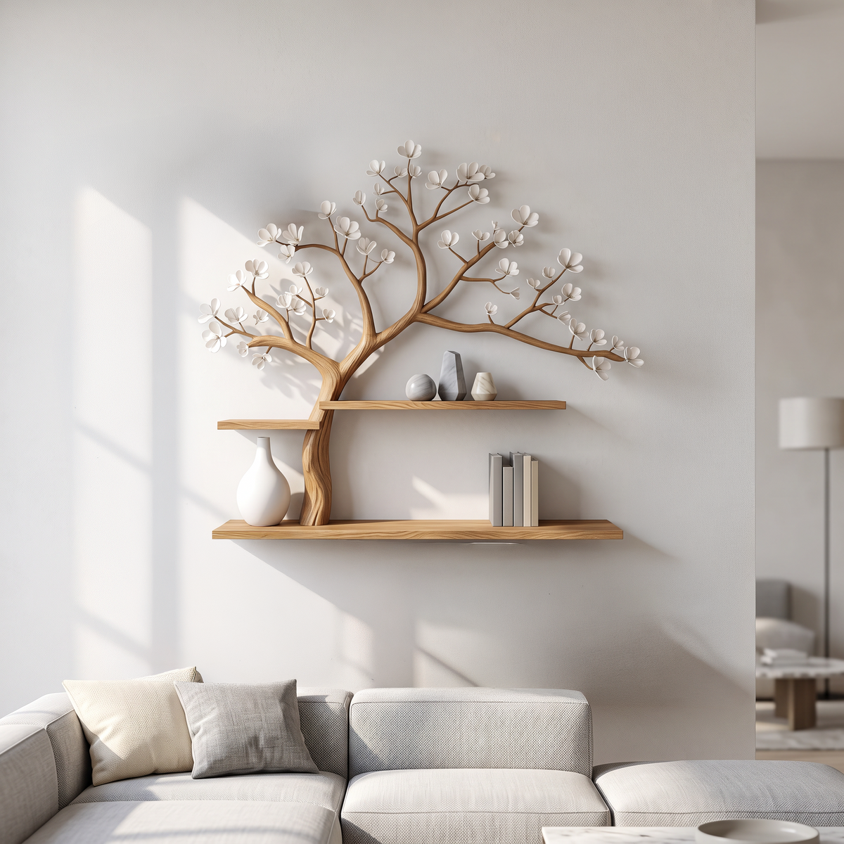 Rustic Tree Shelf Wall Living Room