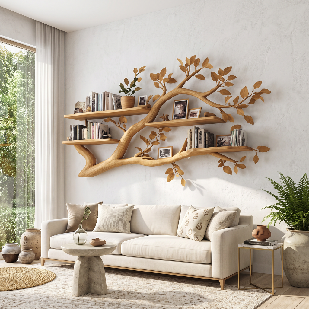 Rustic Wall Mounted Branch Bookshelf, Solid Wood Hanging Floating Bookcase & Decorative Display for Living Room Storage
