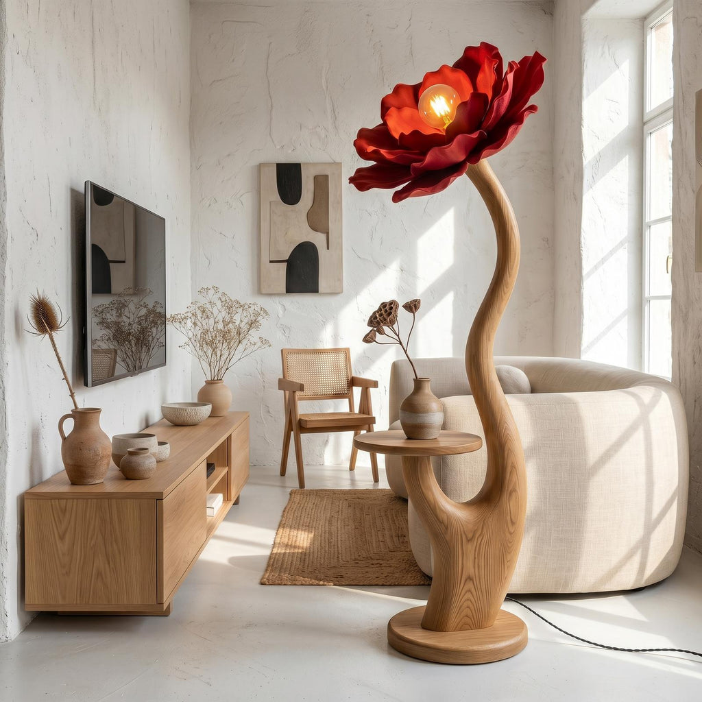 Organic Floor Lamp With Built In Bedside Table And Flower Shade For Living Room
