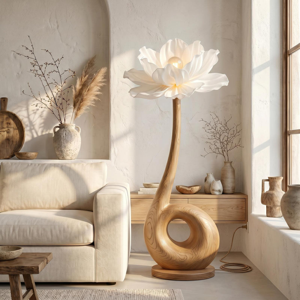 Modern Floor Lamp With Sculptural Loop Base And Floral Shade For Living Room