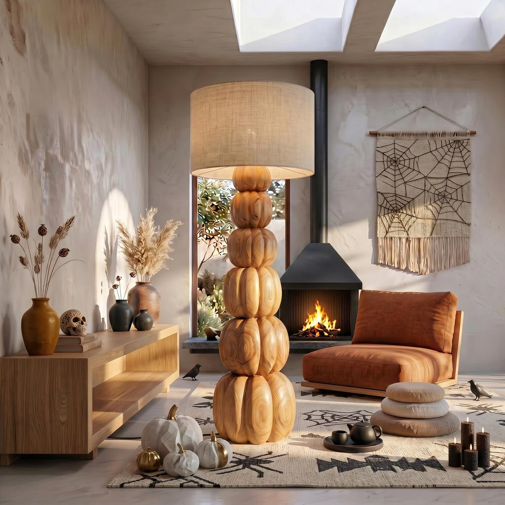 Rustic Floor Lamp With Stacked Pumpkin Wood Base For Living Room