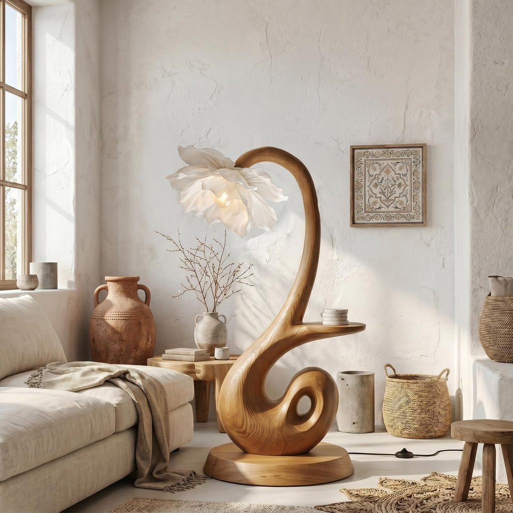 Nature Inspired Floor Lamp With Blooming Flower Shade And Display Shelf For Reading Nook