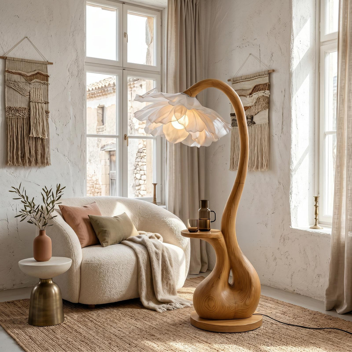 Modern Floor Lamp With Sculptural Curved Base And Display Shelf For Living Room