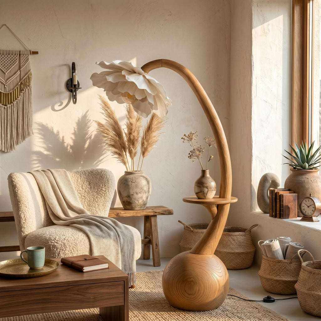 Sculptural Floor Lamp With Built In Shelf And Floral Shade For Living Room