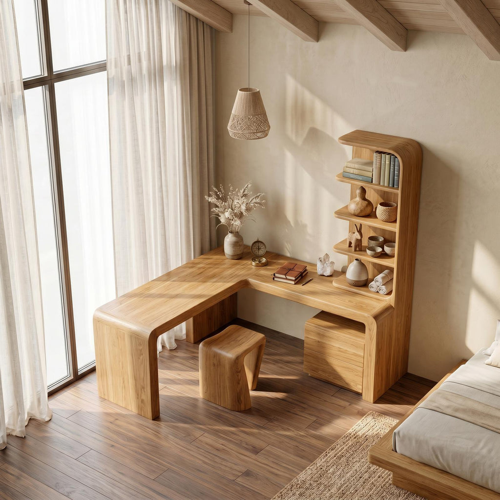 Organic Desk With Storage Shelves And Cabinet For Home Office