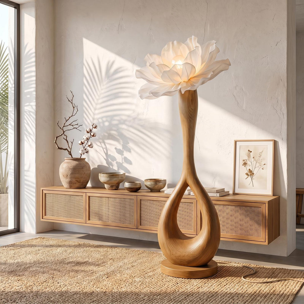Handcrafted Floor Lamp With Blooming Flower Sculpture For Living Room