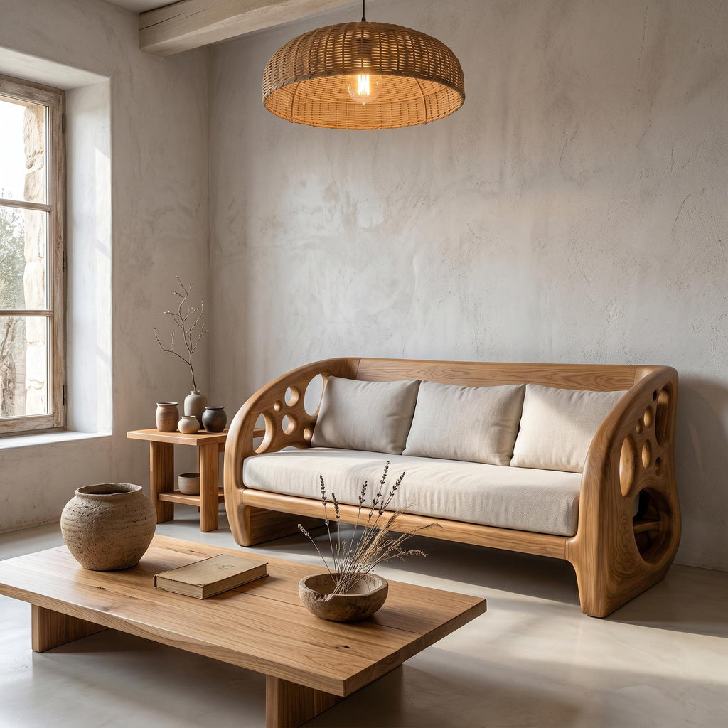 Modern Organic Sofa With Sculptural Perforated Wood Frame