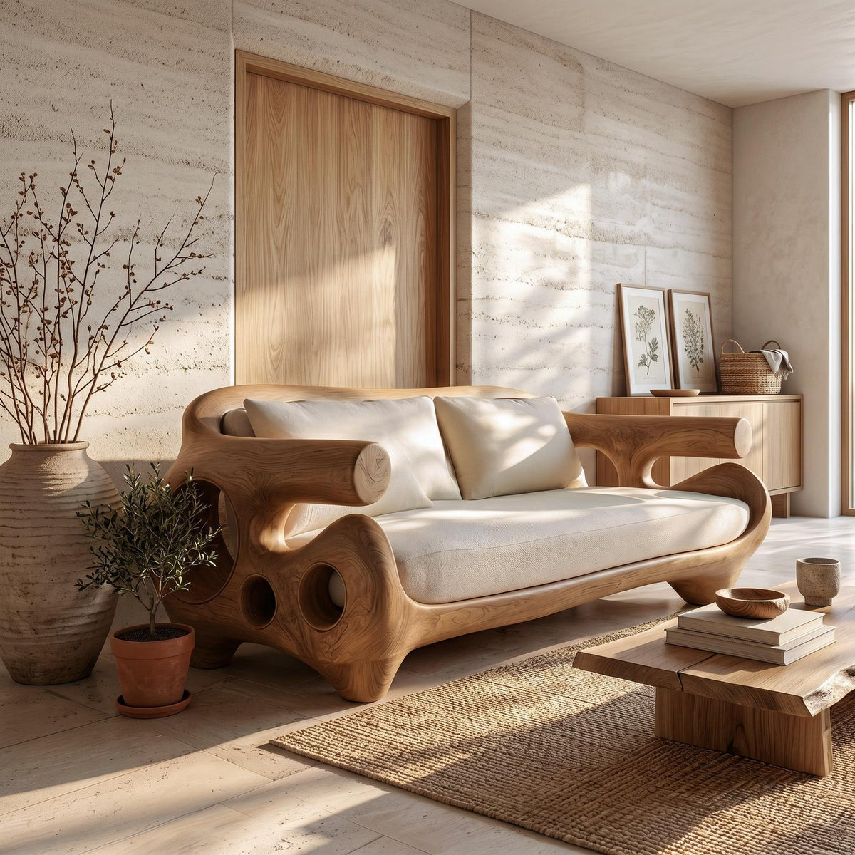 Minimalist Sofa Frame With Solid Wood Artistic Arms For Living Room