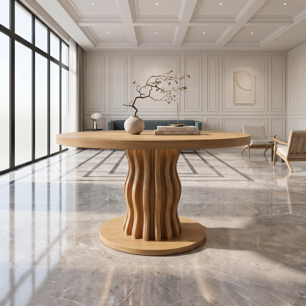 Contemporary Round Entryway Table With Wavy Vertical Form For Foyer And Living Room