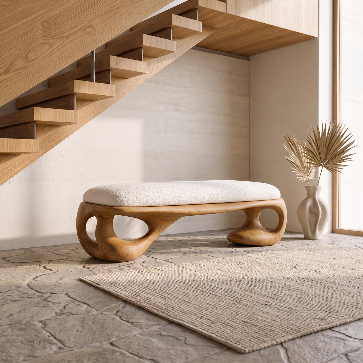 Modern Halloween Upholstered Bench With Sculptural Curved Frame For Bedroom And Entryway SINLSABEN135
