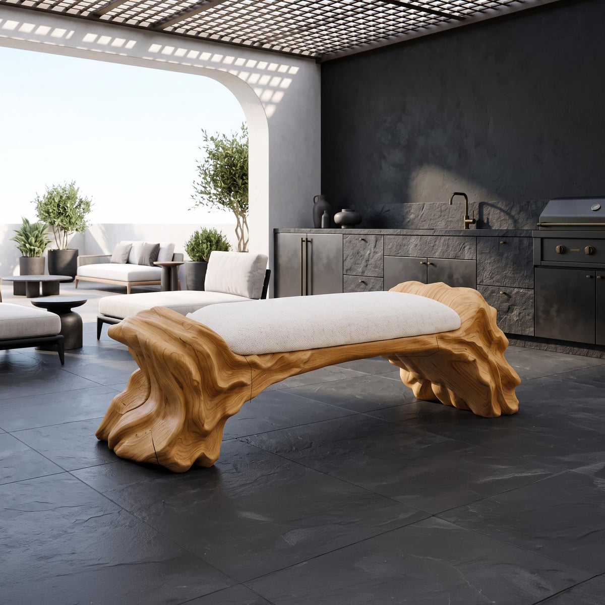 Contemporary Halloween Wood Bench With Oyster Inspired Base For Reading Nook