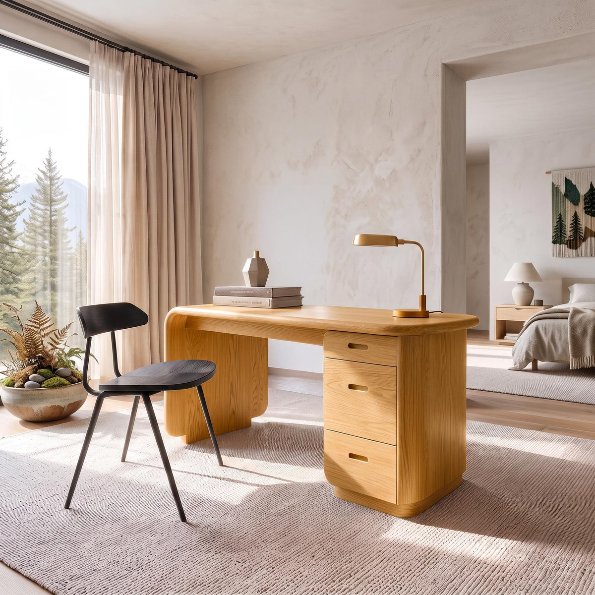 Mid Century Modern Work Desk, Solid Wood Computer Writing Table for Home Office, Soft Bedroom Laptop Study Desk