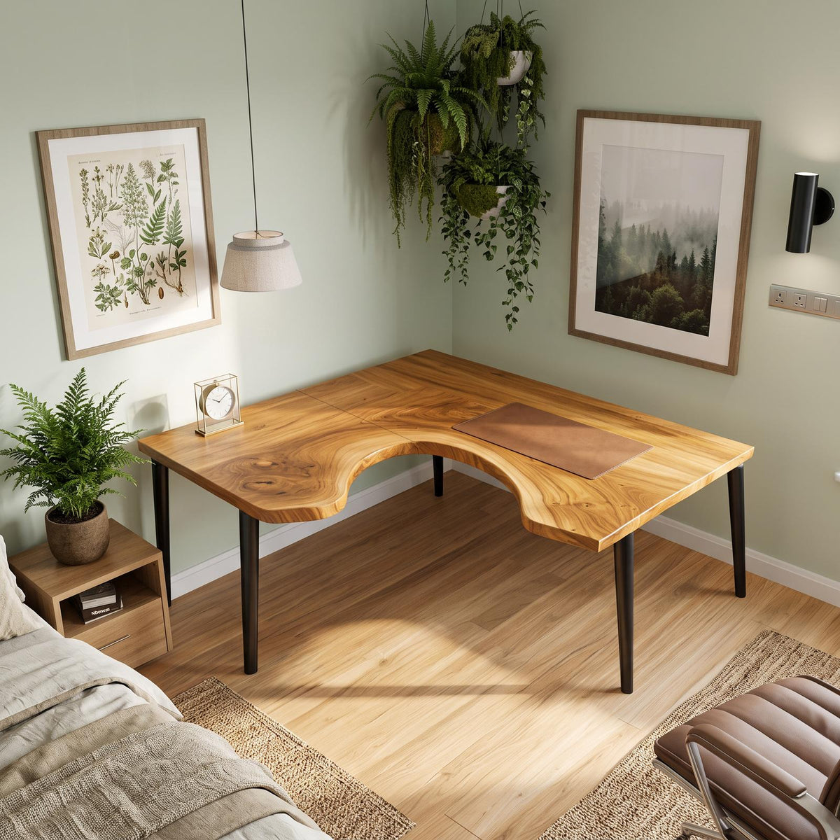 Organic Contemporary Corner Work Desk, L-Shaped Solid Wood Writing Computer Table for Home Office & Study Room